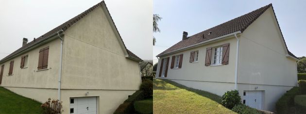 Ravalement de façade maison en résine projetée Tourneville